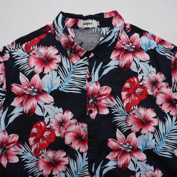Vatpave Mens XXXL Hawaiian Shirt Black Hibiscus Floral Aloha Short Sleeve - Picture 2 of 10